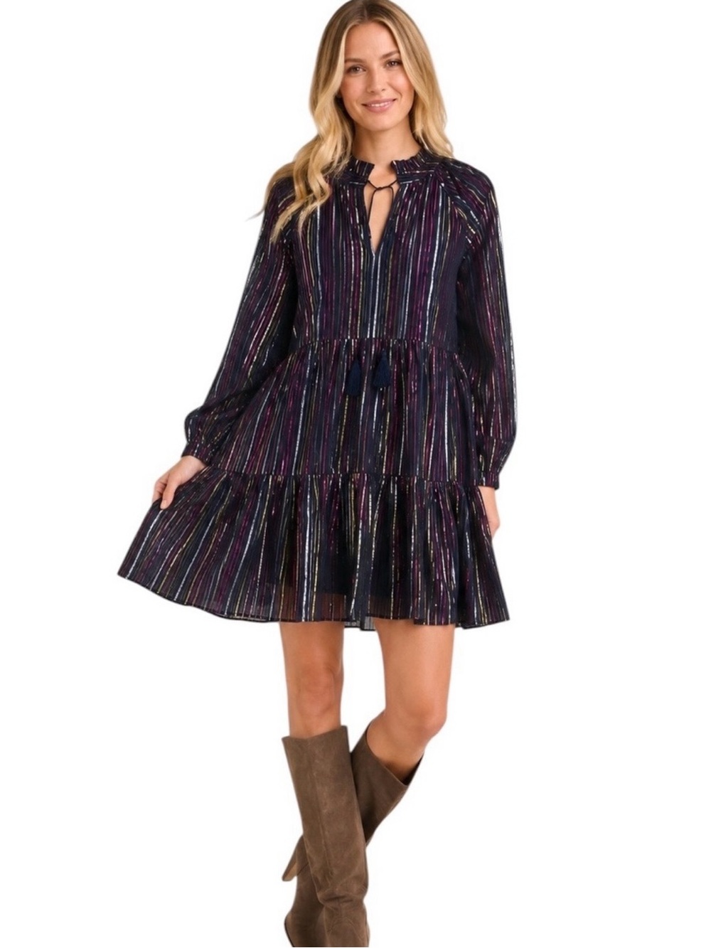 Roller Rabbit Striped Metallic Tiered Long-Sleeve Mini Dress - Navy